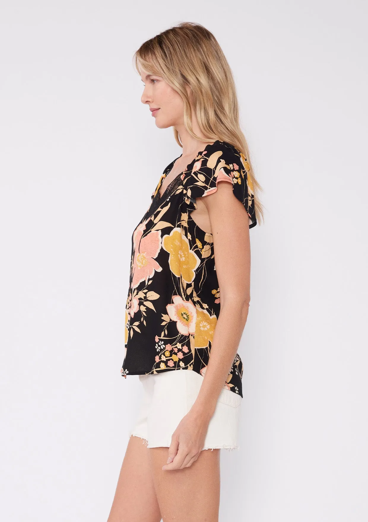 Floral Flutter Sleeve Lace Trim V Neck Blouse