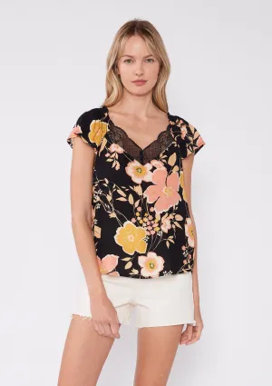 Floral Flutter Sleeve Lace Trim V Neck Blouse