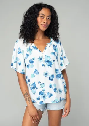 Floral Flutter Sleeve Loop Button Front Blouse