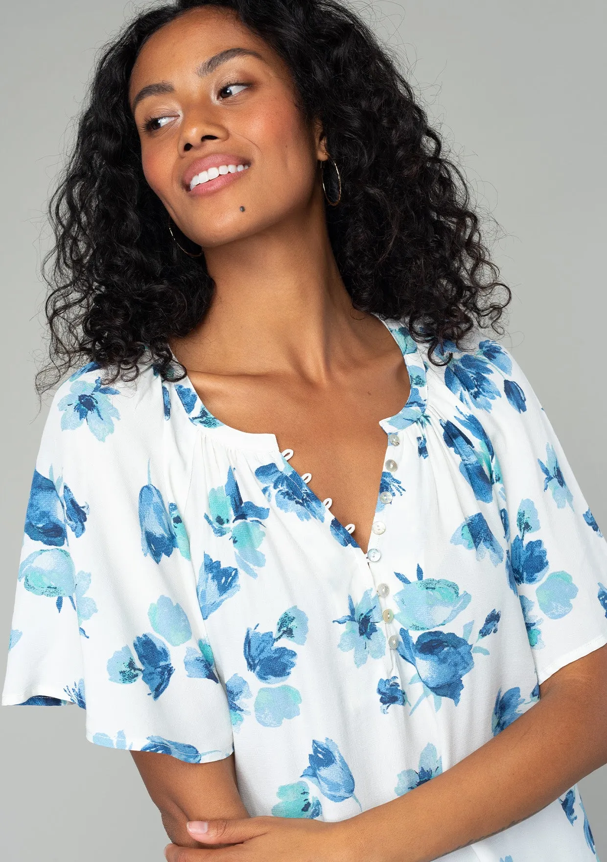 Floral Flutter Sleeve Loop Button Front Blouse
