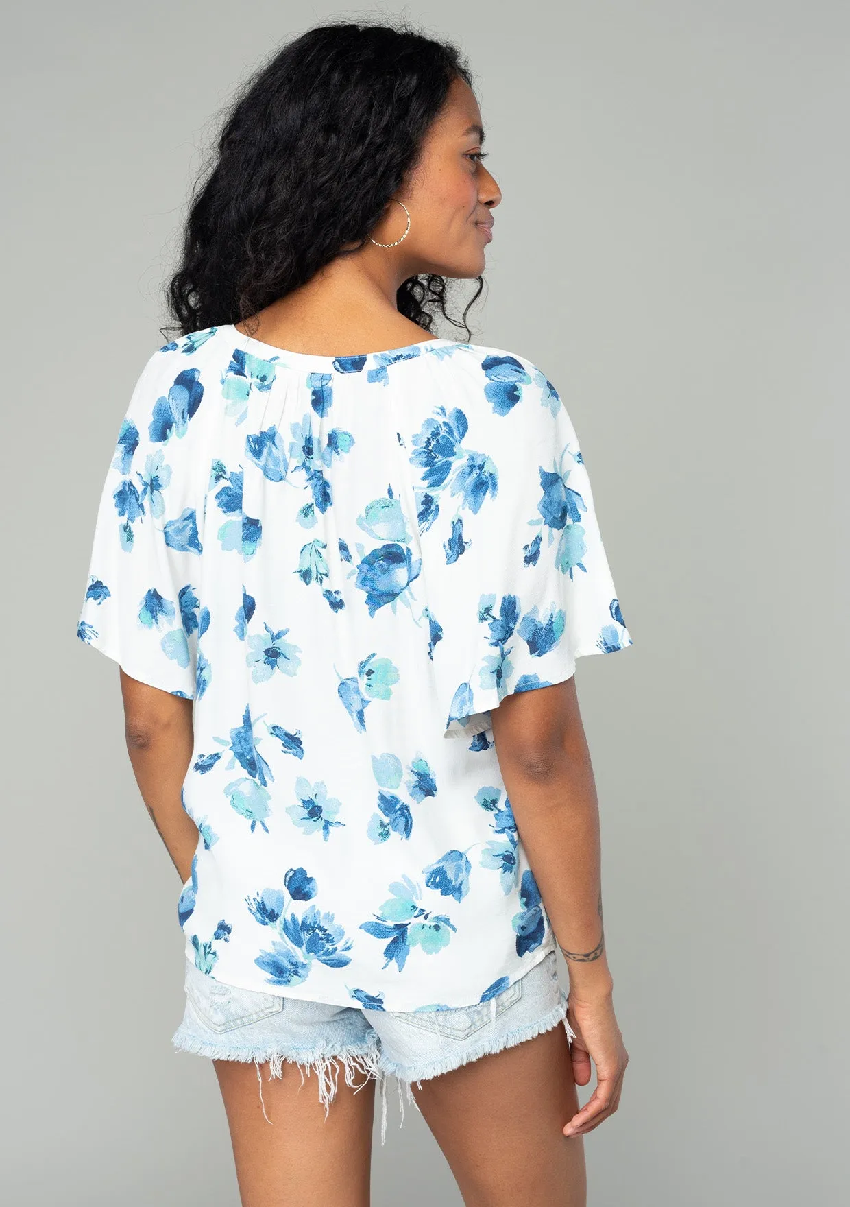 Floral Flutter Sleeve Loop Button Front Blouse