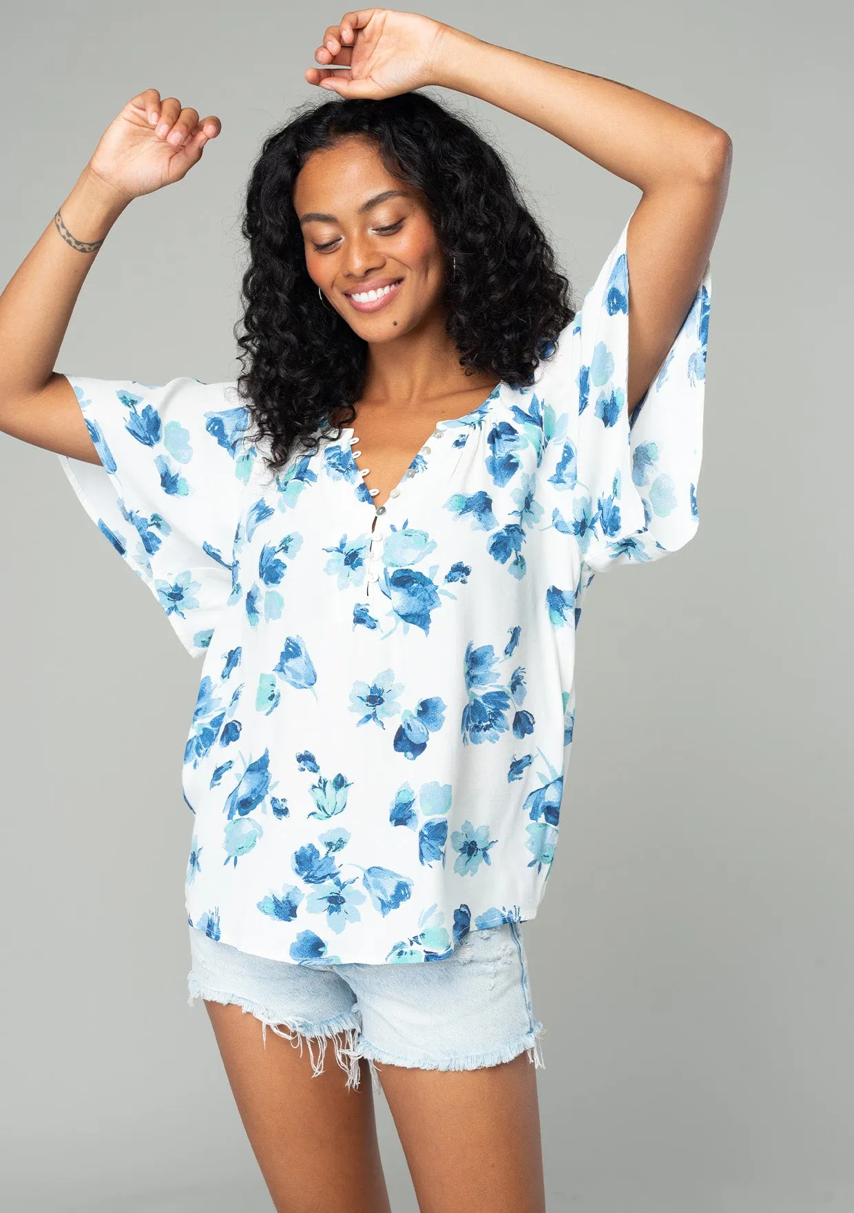 Floral Flutter Sleeve Loop Button Front Blouse