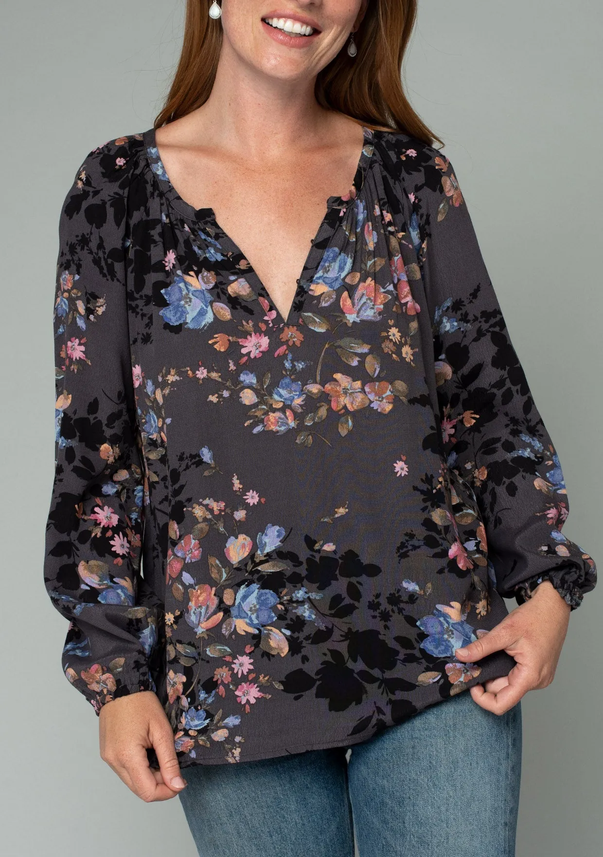 Floral Raglan Long Sleeve Split Neck Blouse