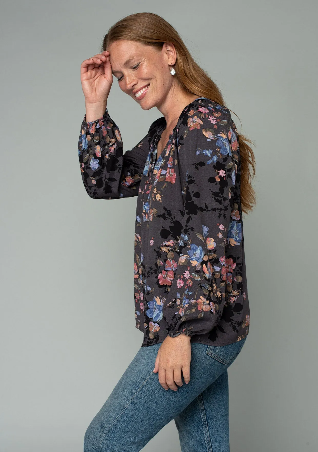 Floral Raglan Long Sleeve Split Neck Blouse