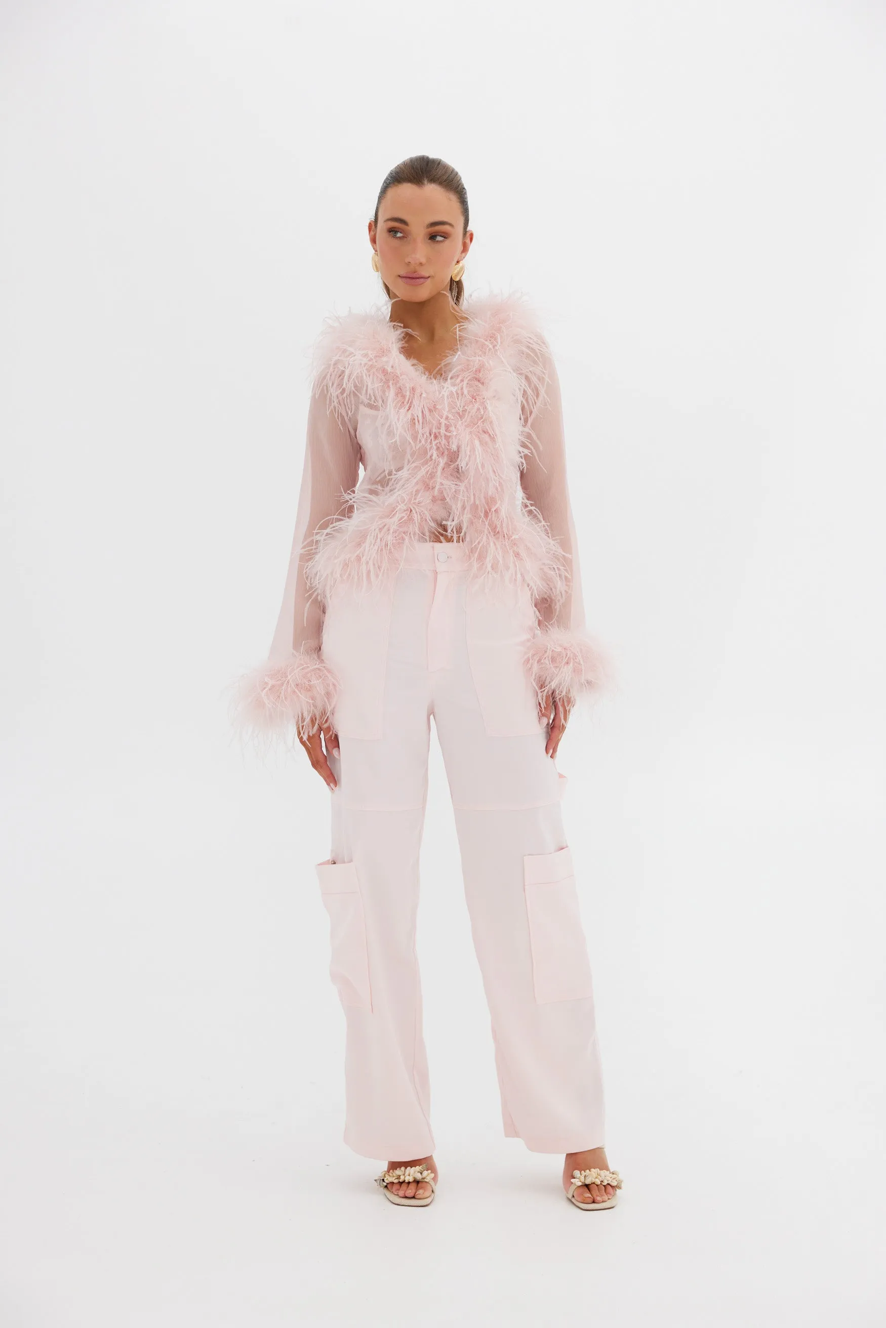 Gigi Sheer Feather Blouse - Blush