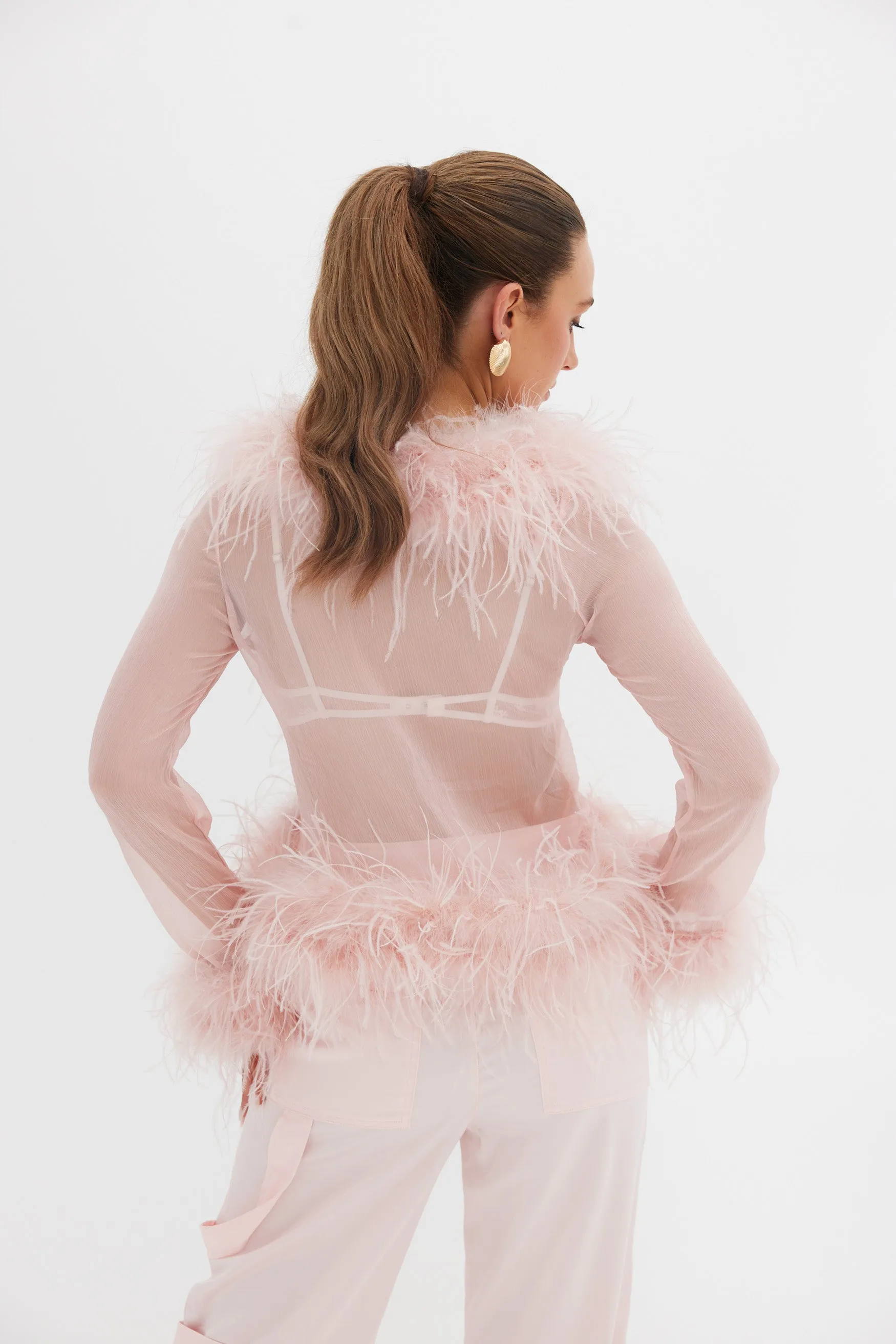 Gigi Sheer Feather Blouse - Blush