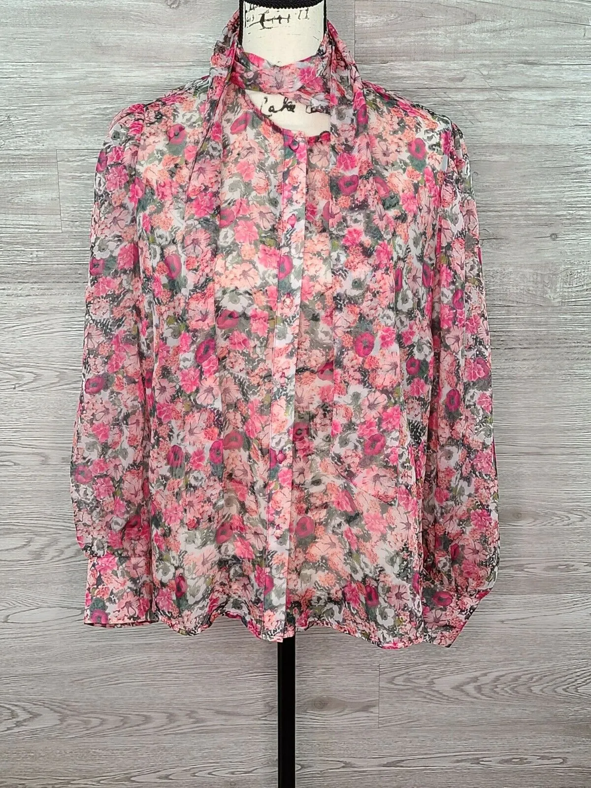 INC Women's Floral Pattern Sheer Bow-Tie Long Sleeve Blouse Size Medium