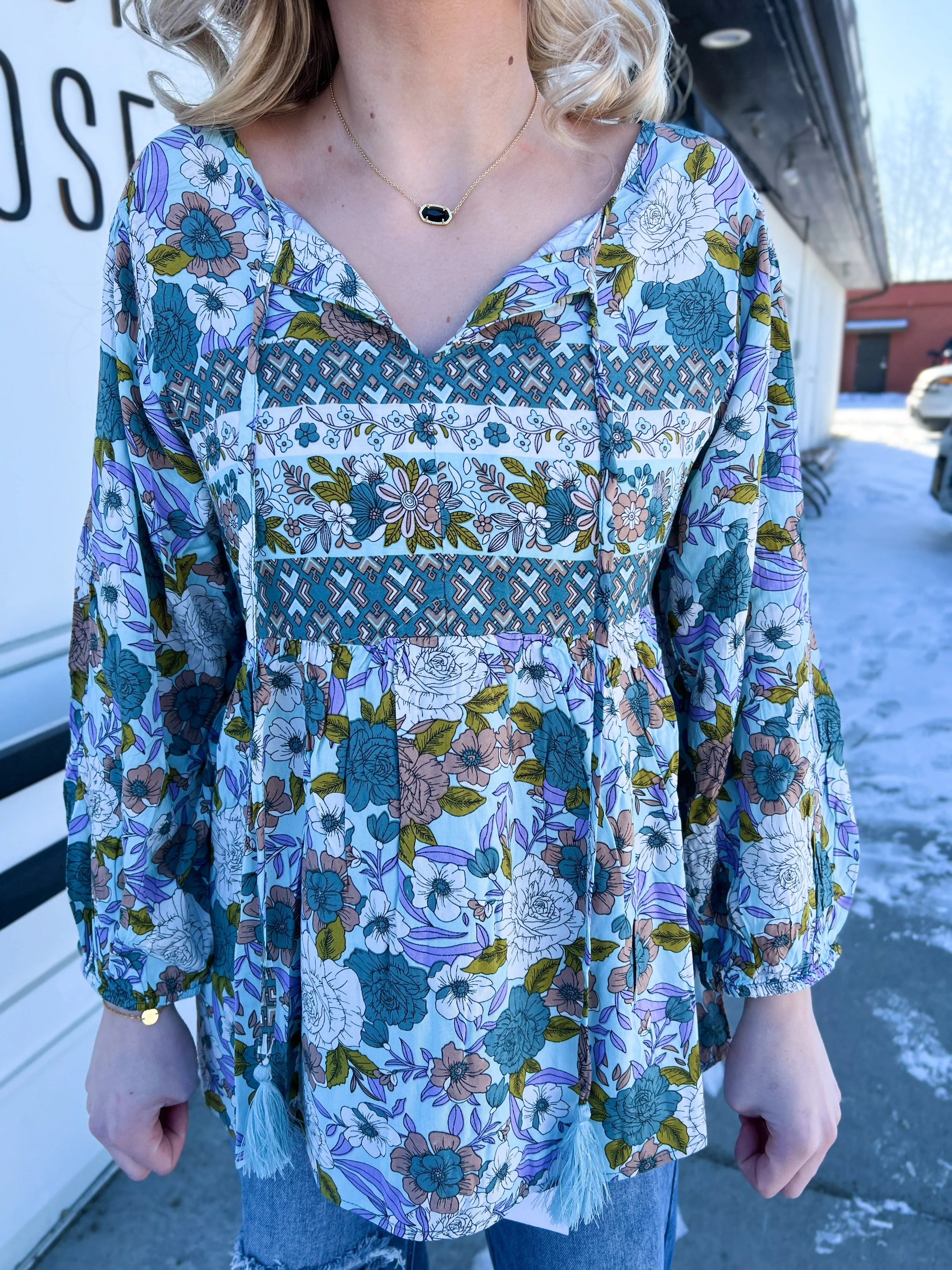 Kendra Dusty Blue Print Blouse