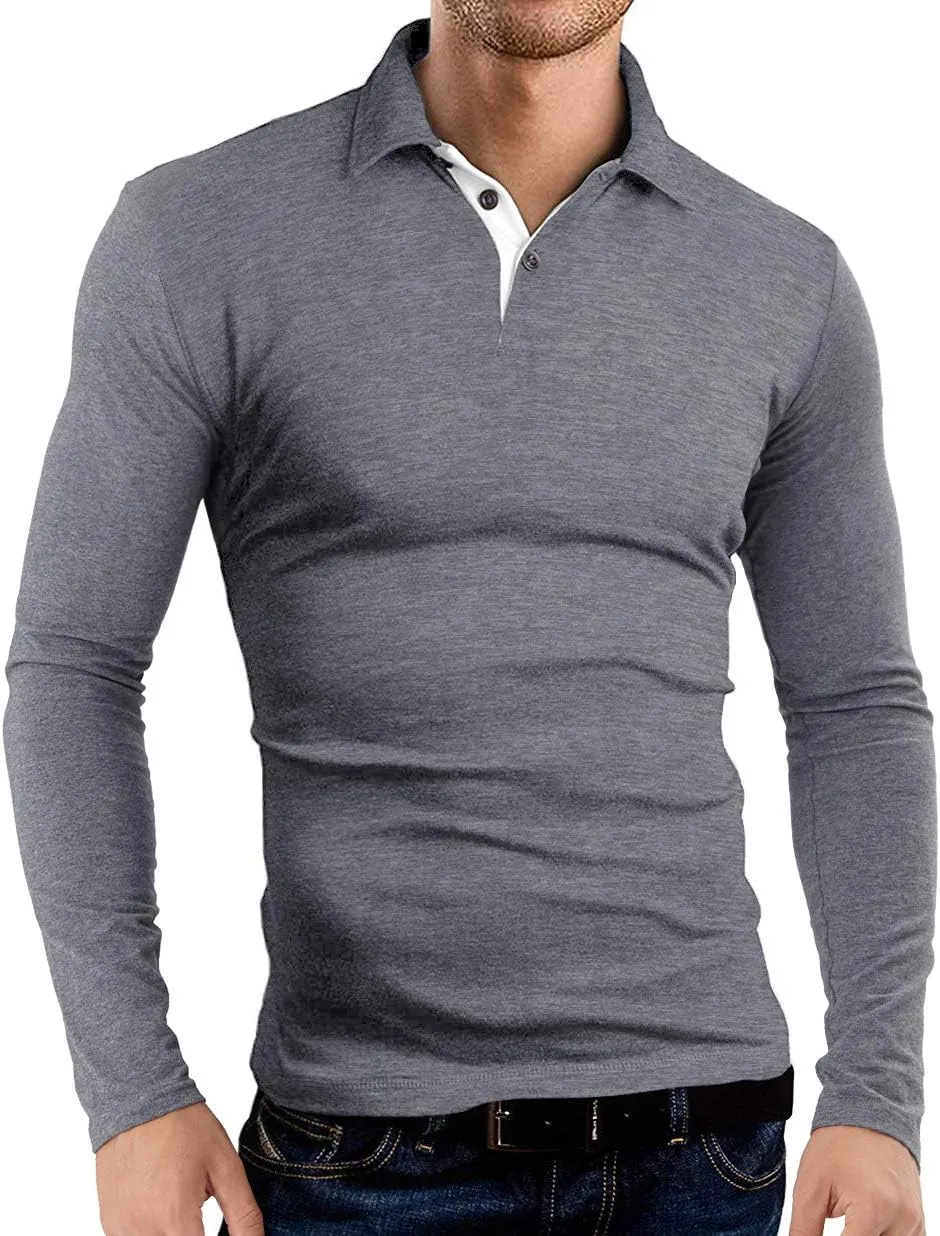 KUYIGO Men's Long Sleeve Polo Shirts Casual Slim Fit Basic Designed Cotton Shirt Tops