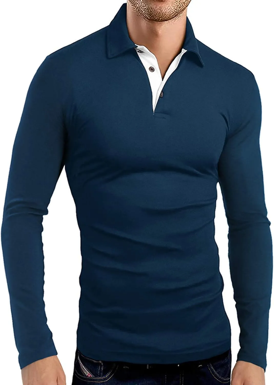 KUYIGO Men's Long Sleeve Polo Shirts Casual Slim Fit Basic Designed Cotton Shirt Tops