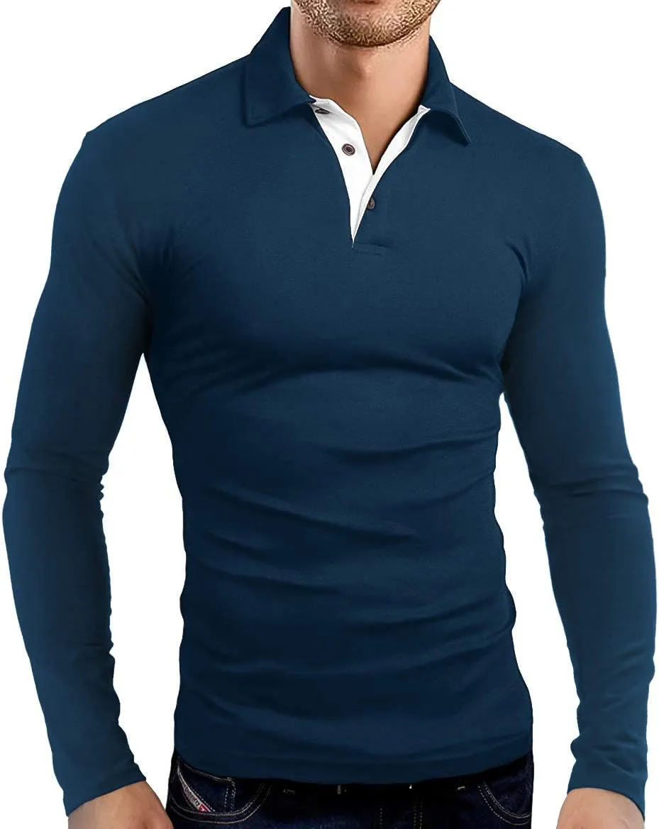 KUYIGO Men's Long Sleeve Polo Shirts Casual Slim Fit Basic Designed Cotton Shirt Tops