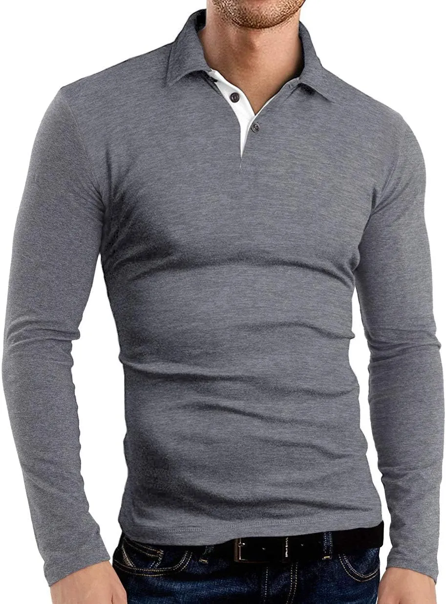 KUYIGO Men's Long Sleeve Polo Shirts Casual Slim Fit Basic Designed Cotton Shirt Tops