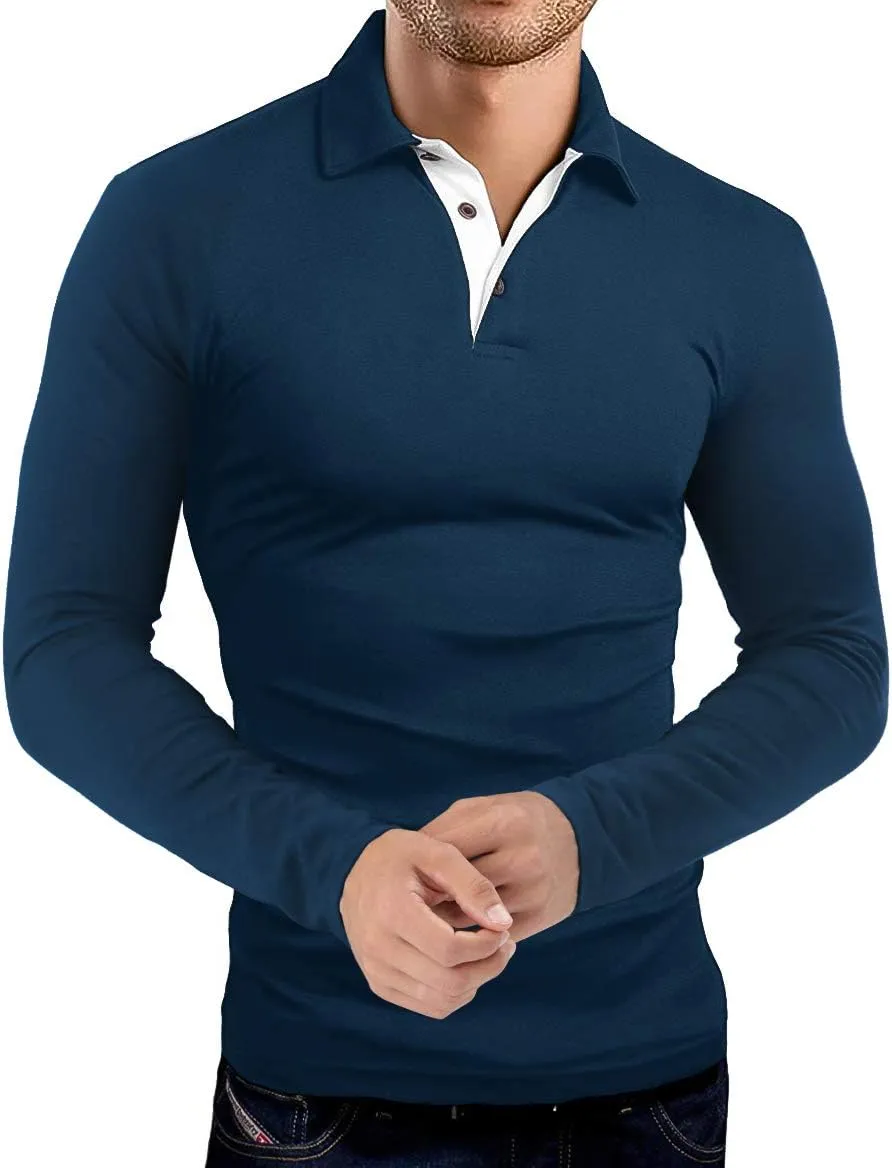 KUYIGO Men's Long Sleeve Polo Shirts Casual Slim Fit Basic Designed Cotton Shirt Tops