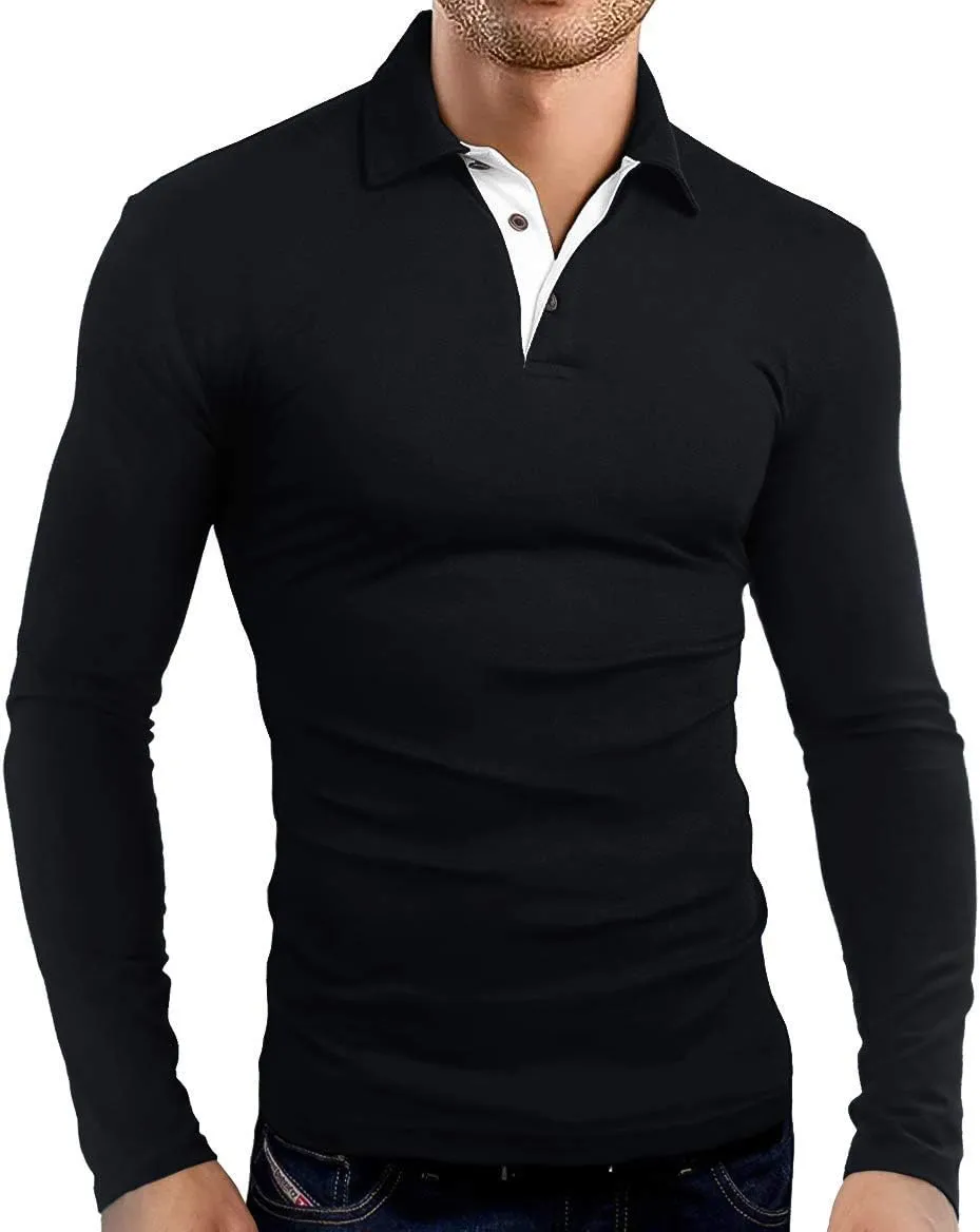 KUYIGO Men's Long Sleeve Polo Shirts Casual Slim Fit Basic Designed Cotton Shirt Tops