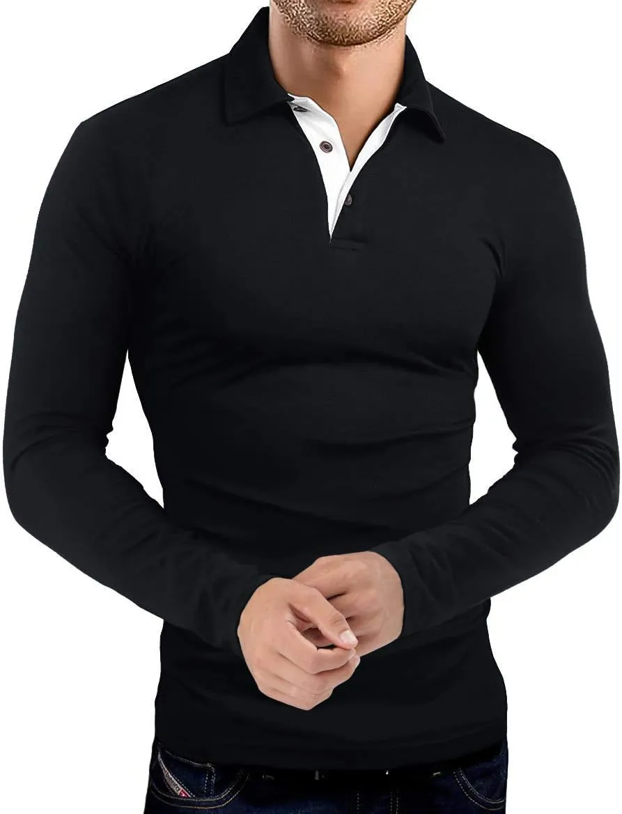 KUYIGO Men's Long Sleeve Polo Shirts Casual Slim Fit Basic Designed Cotton Shirt Tops
