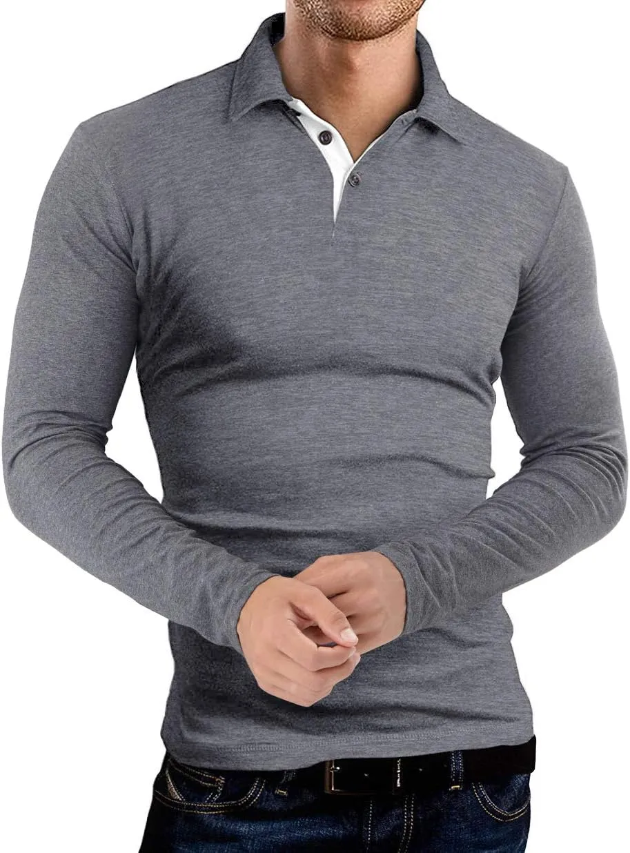 KUYIGO Men's Long Sleeve Polo Shirts Casual Slim Fit Basic Designed Cotton Shirt Tops