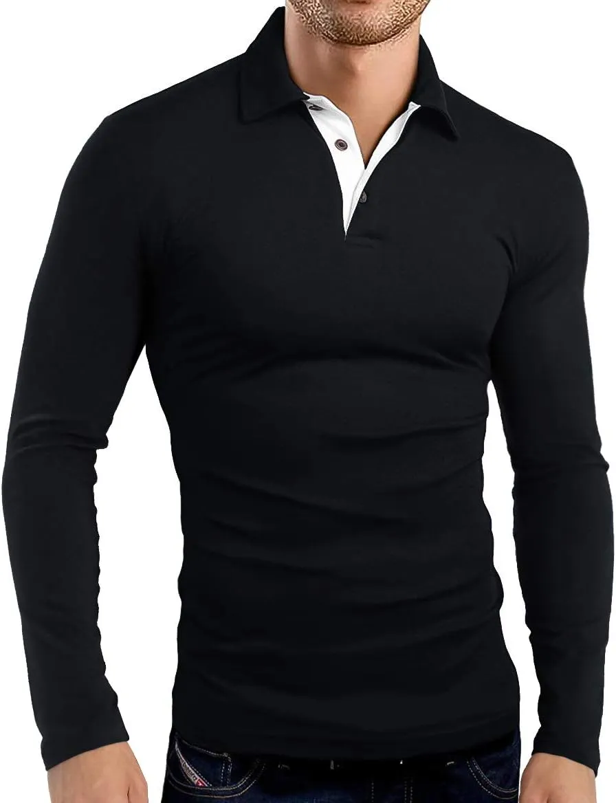 KUYIGO Men's Long Sleeve Polo Shirts Casual Slim Fit Basic Designed Cotton Shirt Tops