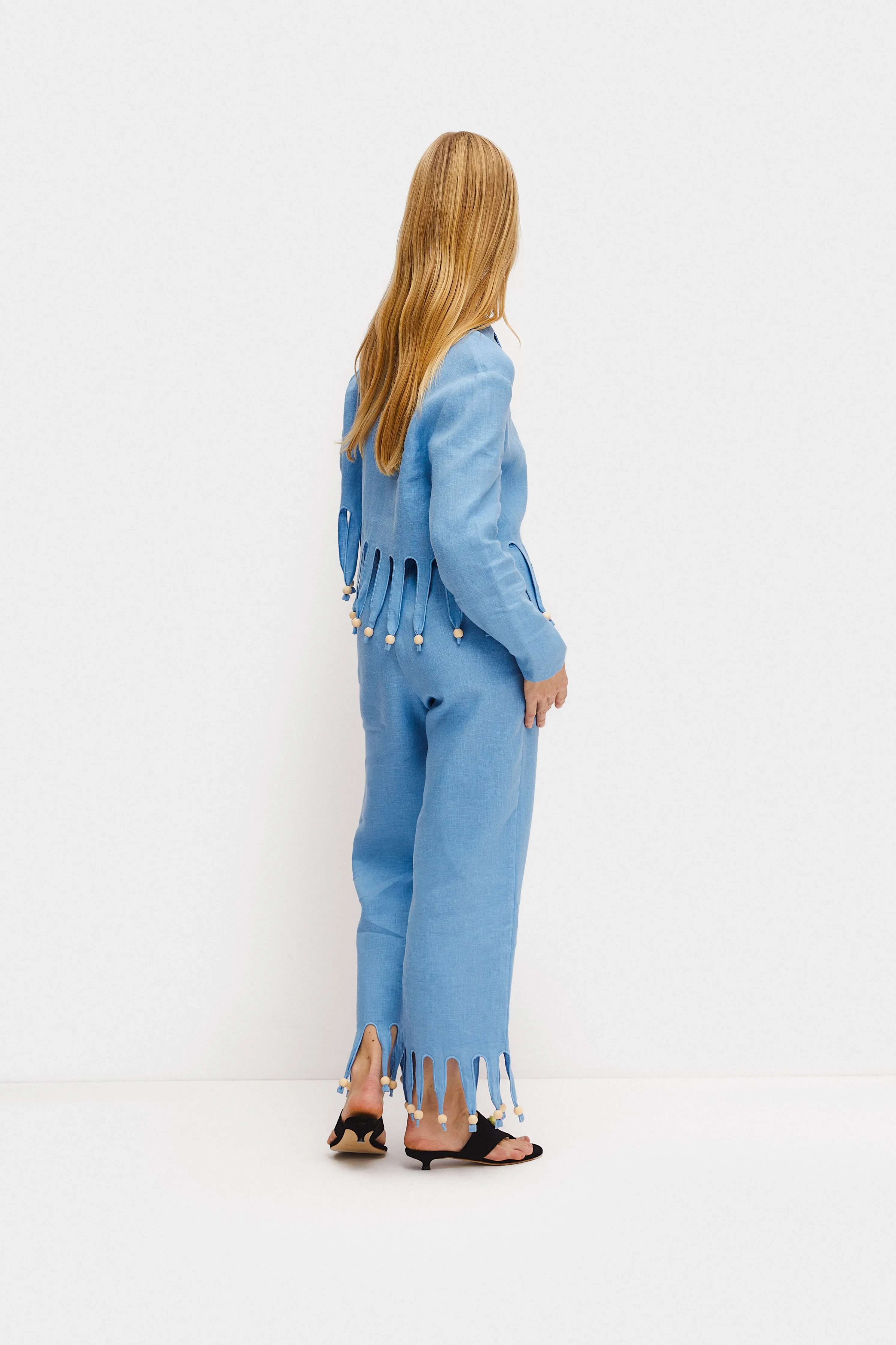 Lambada Fringed Linen Pants in Blue
