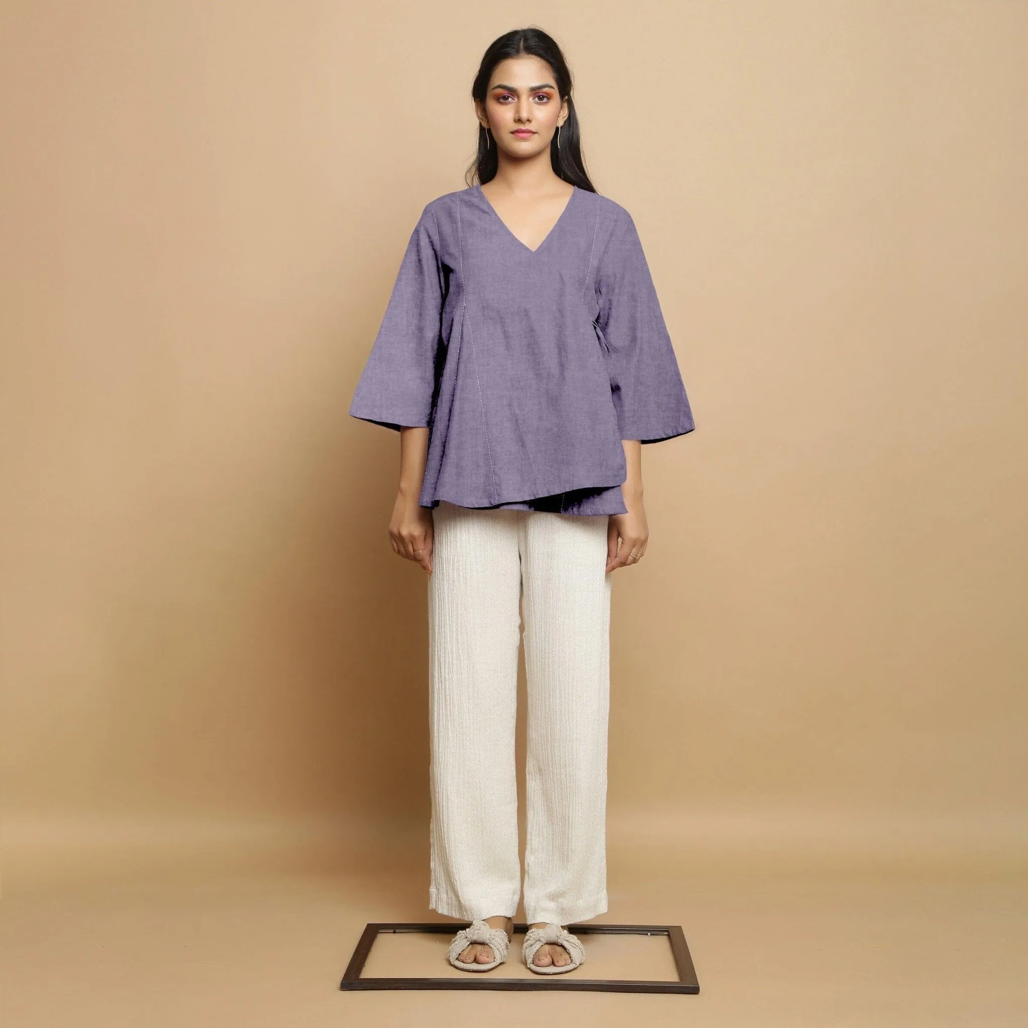 Lavender Embroidered Linen Asymmetrical Godet Top