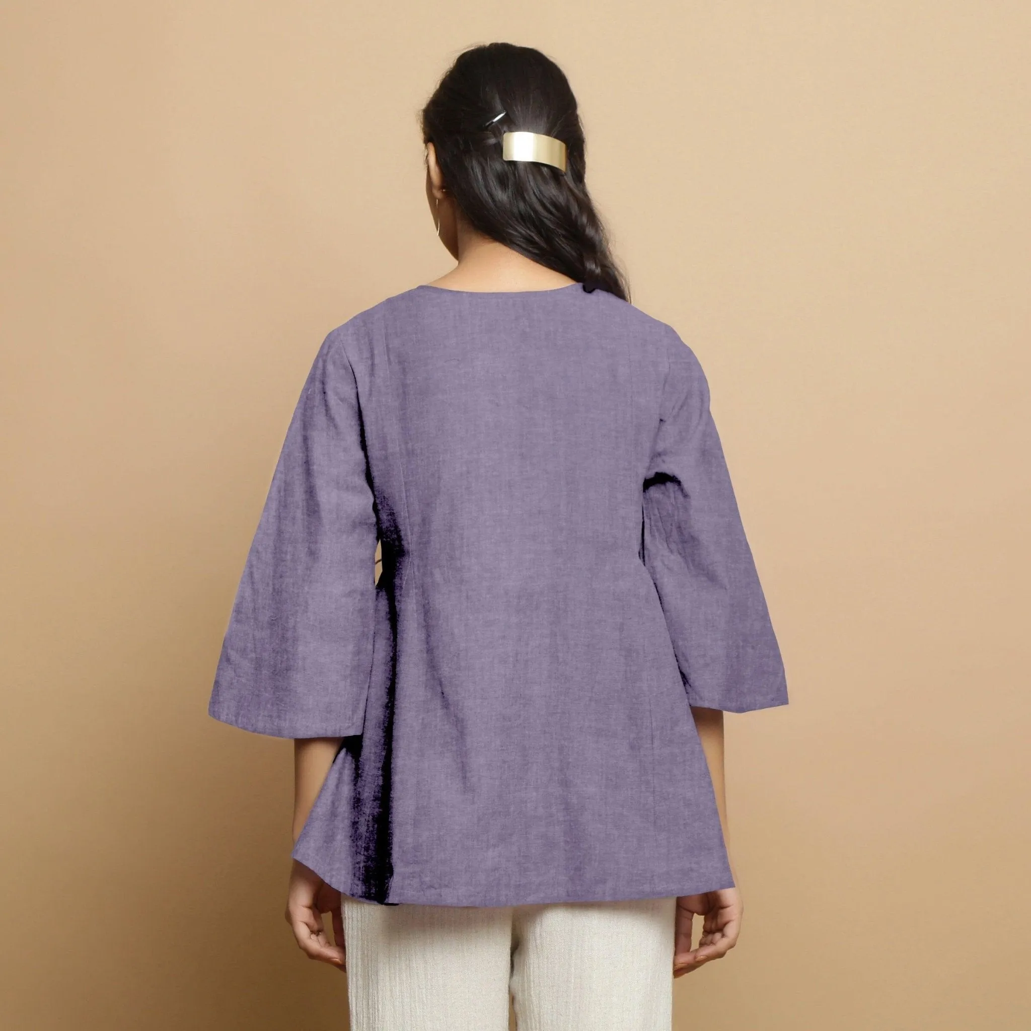 Lavender Embroidered Linen Asymmetrical Godet Top
