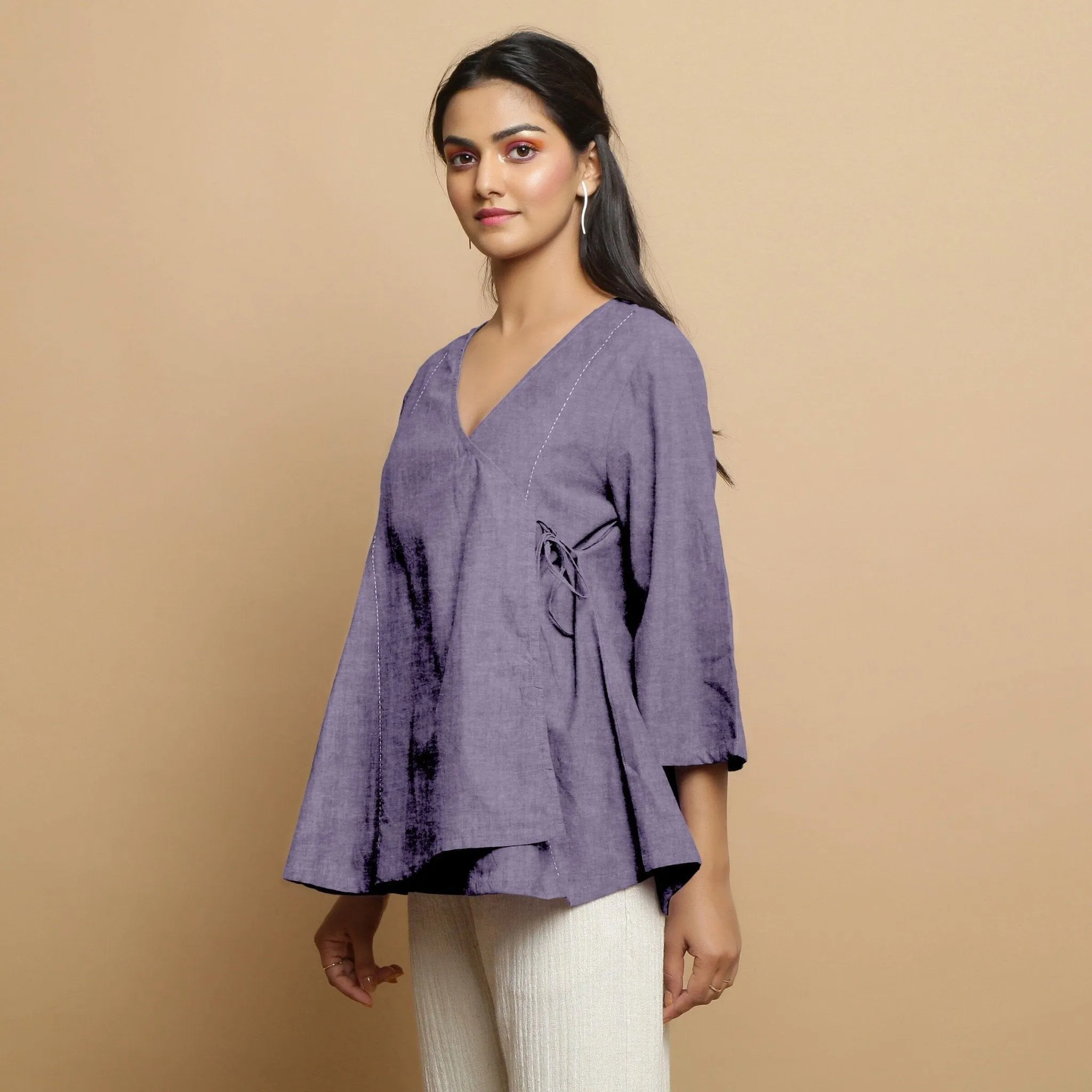 Lavender Embroidered Linen Asymmetrical Godet Top