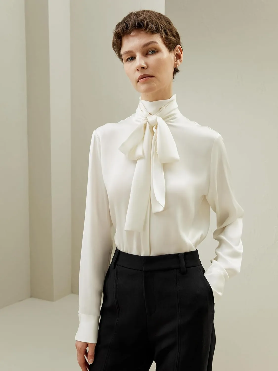 LilySilk Womens Pure Silk Shirt Ladies 22MM Mulberry Silk Bow Tie Blouse with Turtleneck Ribbon Versatile Casual Work