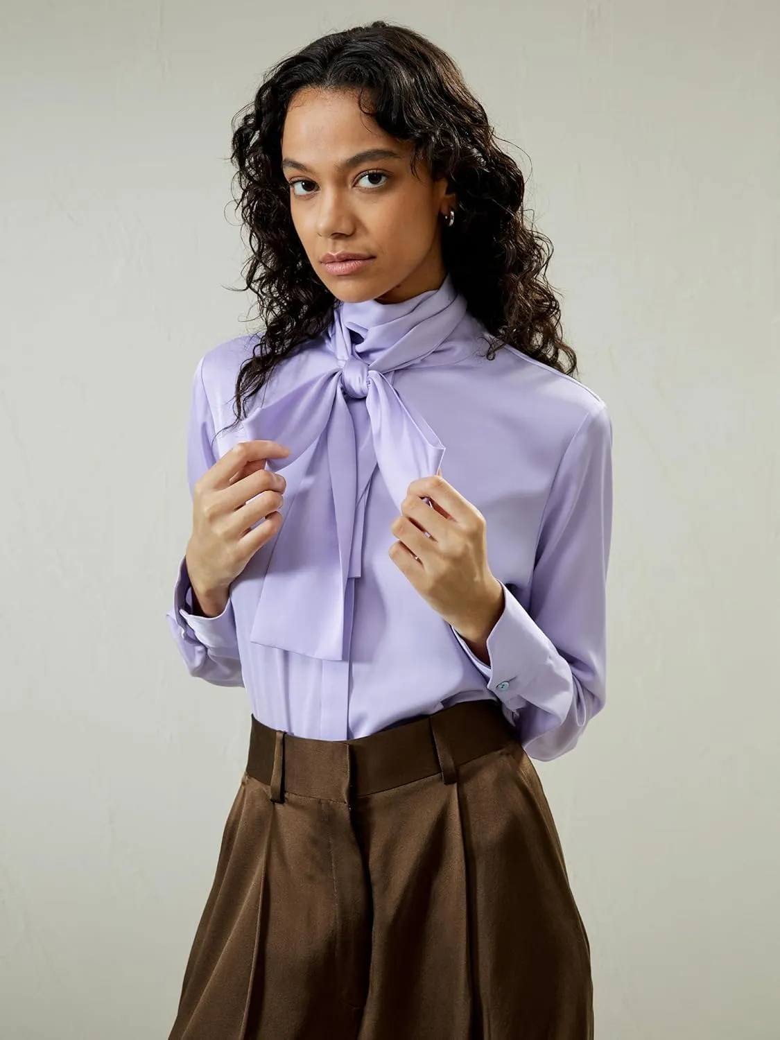 LilySilk Womens Pure Silk Shirt Ladies 22MM Mulberry Silk Bow Tie Blouse with Turtleneck Ribbon Versatile Casual Work