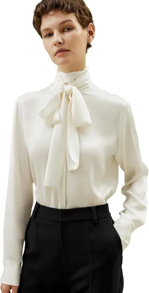 LilySilk Womens Pure Silk Shirt Ladies 22MM Mulberry Silk Bow Tie Blouse with Turtleneck Ribbon Versatile Casual Work