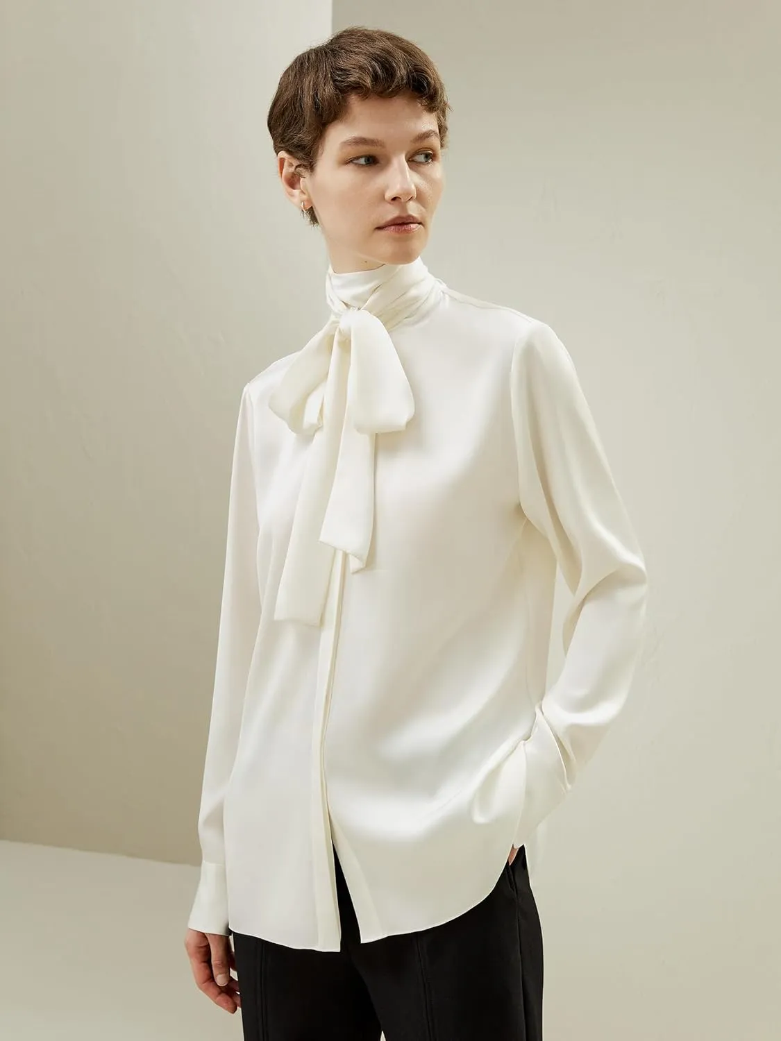 LilySilk Womens Pure Silk Shirt Ladies 22MM Mulberry Silk Bow Tie Blouse with Turtleneck Ribbon Versatile Casual Work