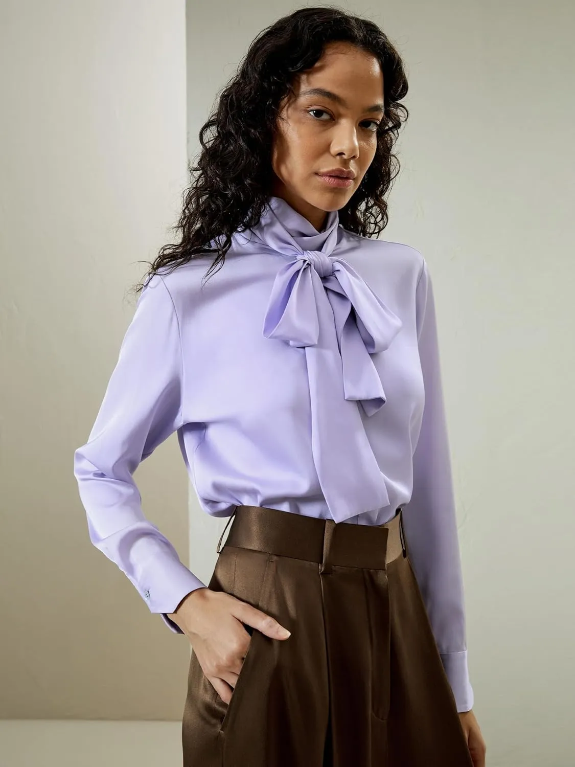 LilySilk Womens Pure Silk Shirt Ladies 22MM Mulberry Silk Bow Tie Blouse with Turtleneck Ribbon Versatile Casual Work
