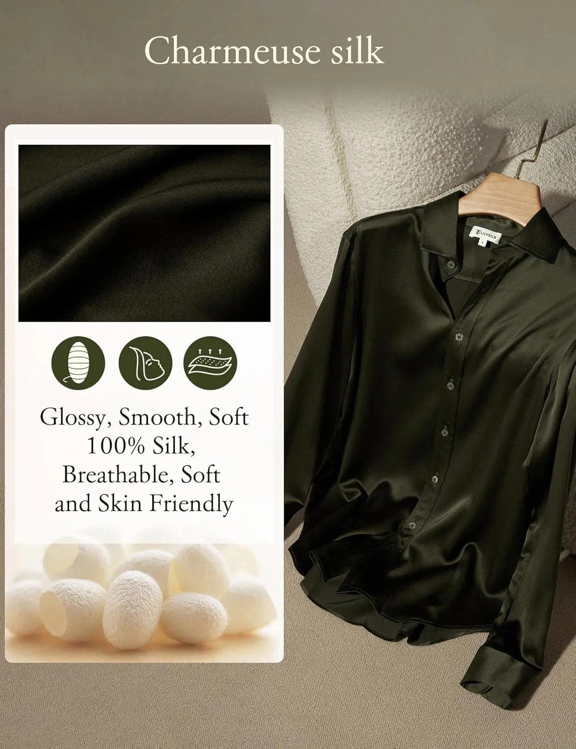 LilySilk Womens Silk Shirt Ladies Undyed Silk Blouses Classic Basic Long Sleeve Shirt Casual