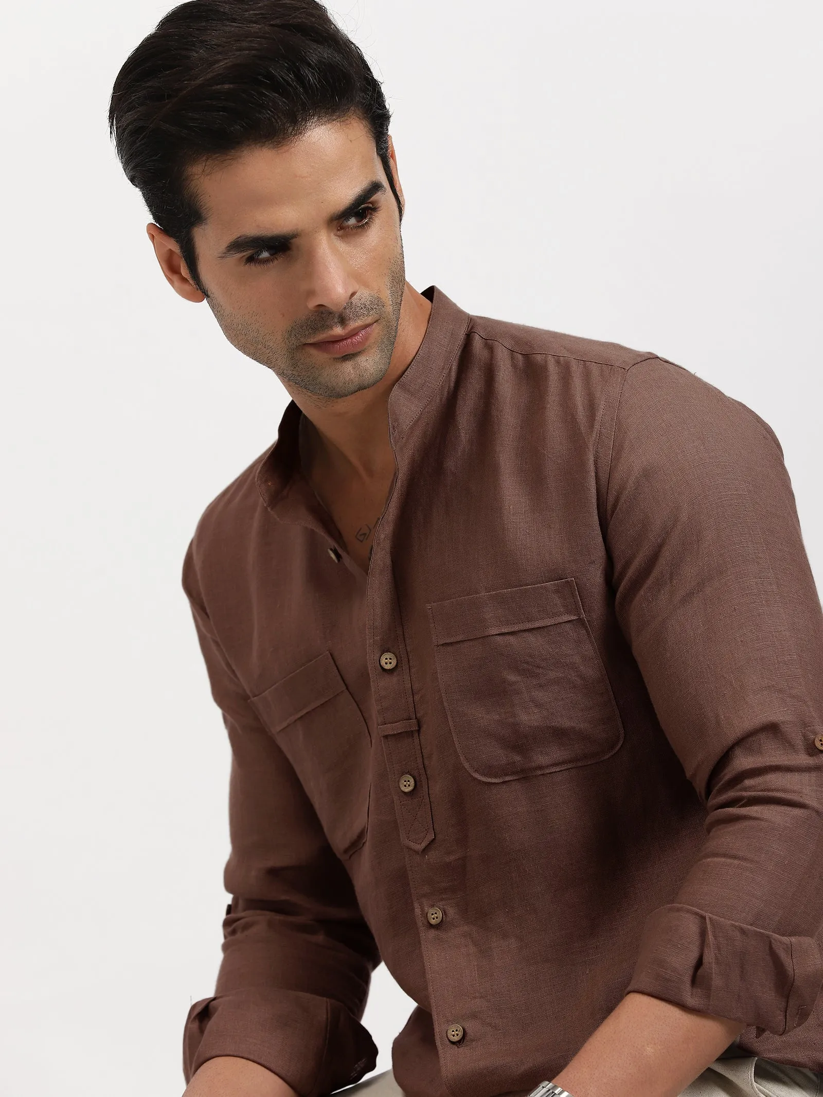 Luca - Pure Linen Double Pocket Full Sleeve Shirt - Coffee Brown