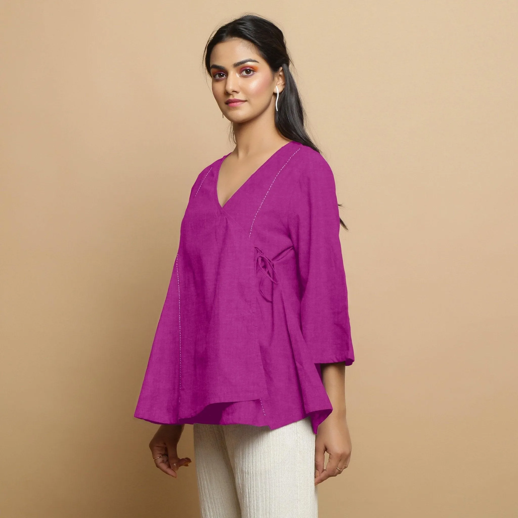 Magenta Embroidered Linen Asymmetrical Godet Top