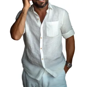 Men's Casual Solid Color Cotton Linen Lapel Loose Short Sleeve Shirt 32773413M