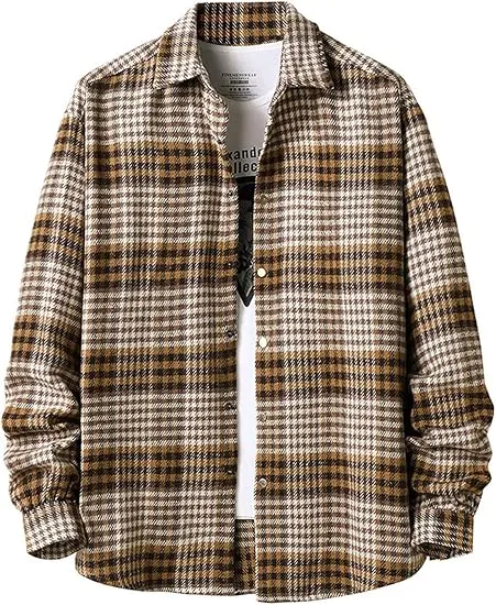 Men's Cotton Brown-Red Plaid Flannel Long Sleeve Shirt