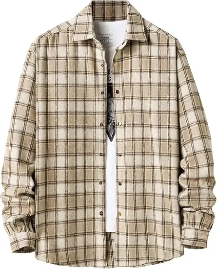 Men's Cotton Brown-Red Plaid Flannel Long Sleeve Shirt