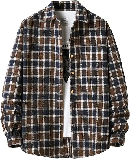 Men's Cotton Brown-Red Plaid Flannel Long Sleeve Shirt