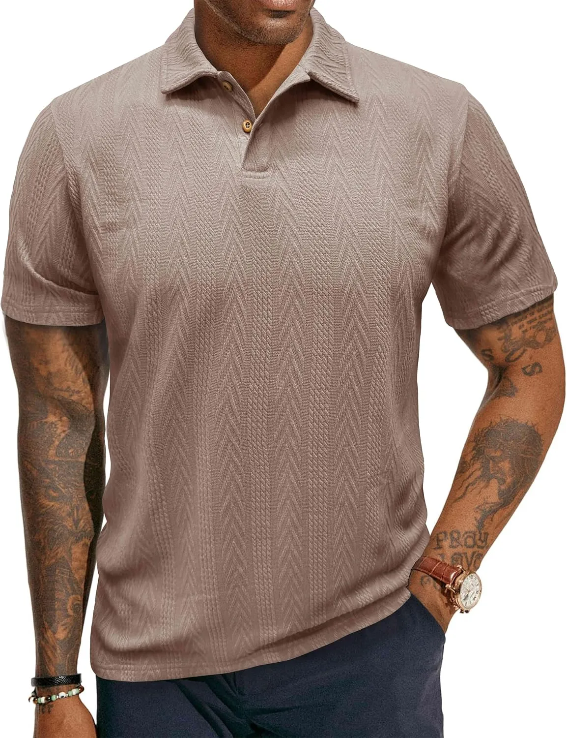 Mens Knit Polo Shirts Short Sleeve Summer Textured T Shirts Casual Jacquard Golf Collared Fashion Tops