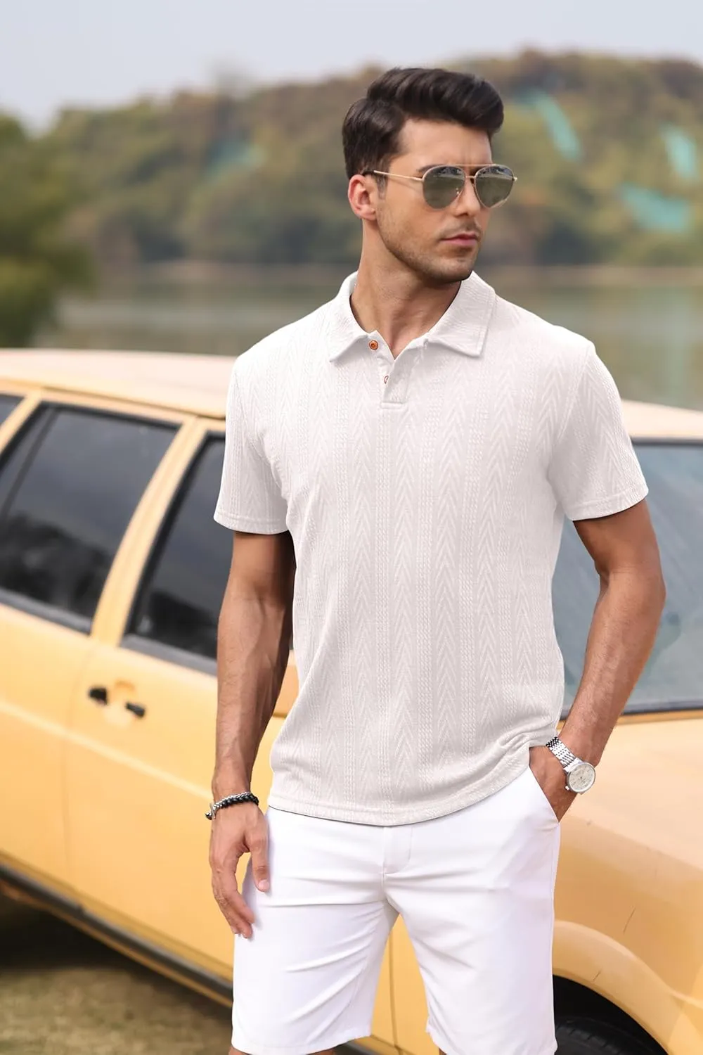 Mens Knit Polo Shirts Short Sleeve Summer Textured T Shirts Casual Jacquard Golf Collared Fashion Tops