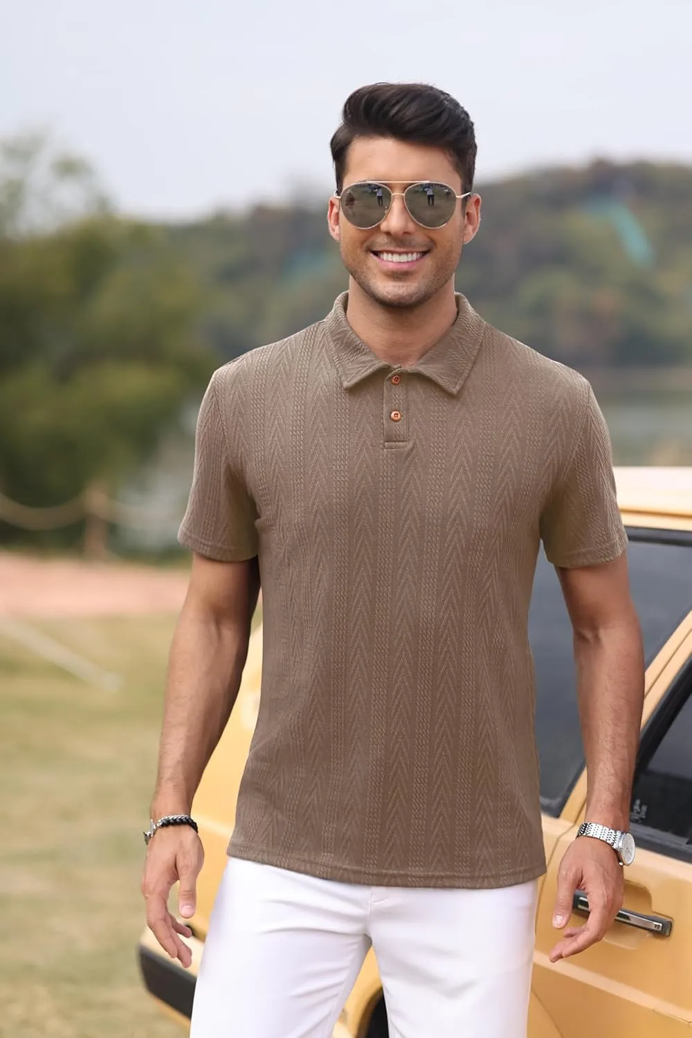 Mens Knit Polo Shirts Short Sleeve Summer Textured T Shirts Casual Jacquard Golf Collared Fashion Tops