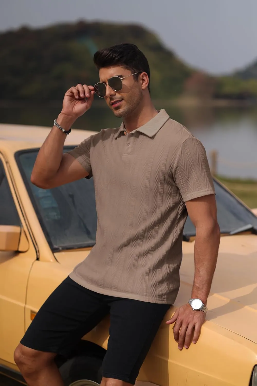 Mens Knit Polo Shirts Short Sleeve Summer Textured T Shirts Casual Jacquard Golf Collared Fashion Tops