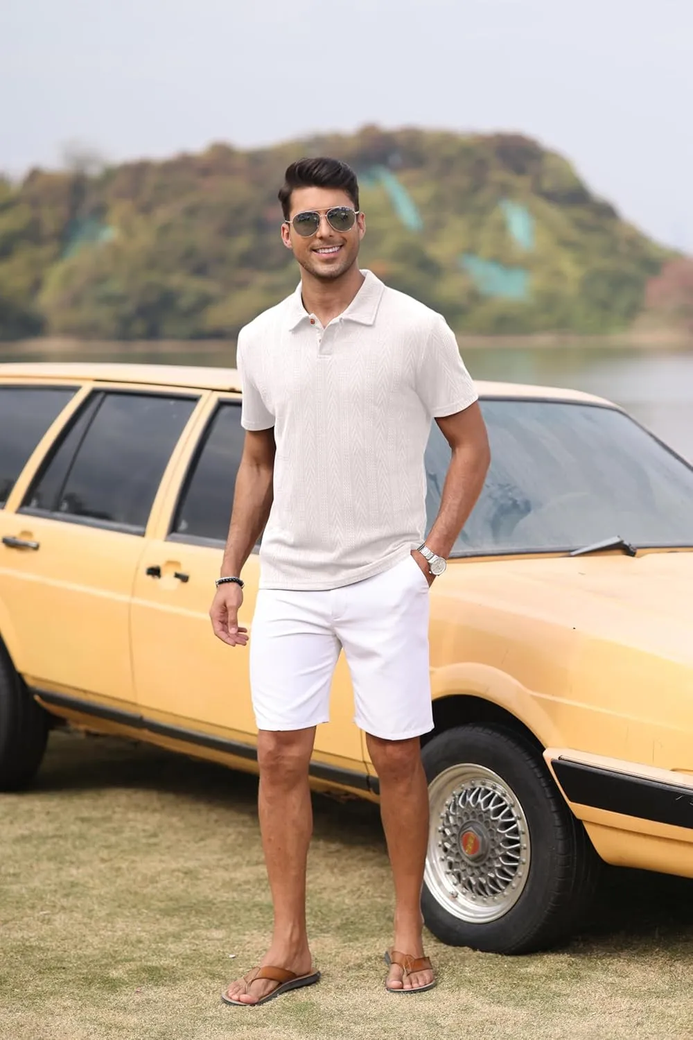 Mens Knit Polo Shirts Short Sleeve Summer Textured T Shirts Casual Jacquard Golf Collared Fashion Tops