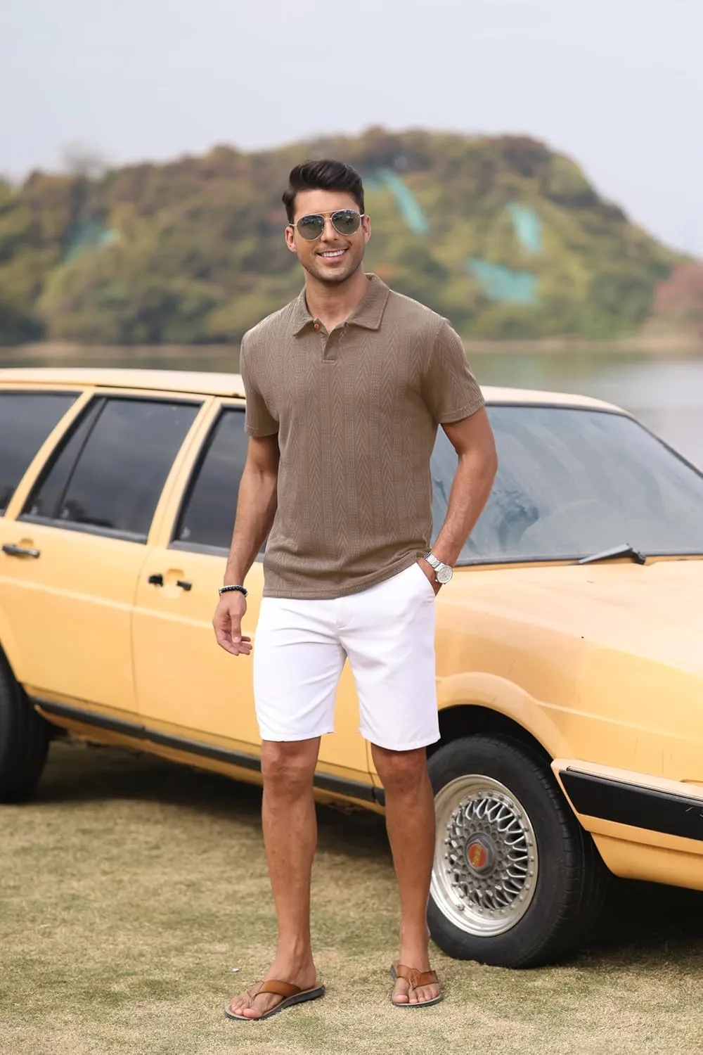 Mens Knit Polo Shirts Short Sleeve Summer Textured T Shirts Casual Jacquard Golf Collared Fashion Tops