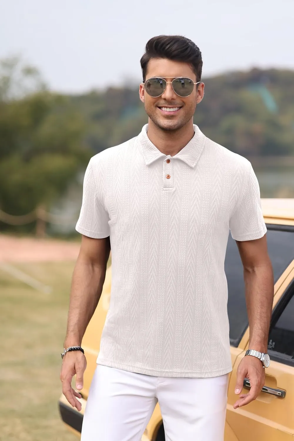 Mens Knit Polo Shirts Short Sleeve Summer Textured T Shirts Casual Jacquard Golf Collared Fashion Tops