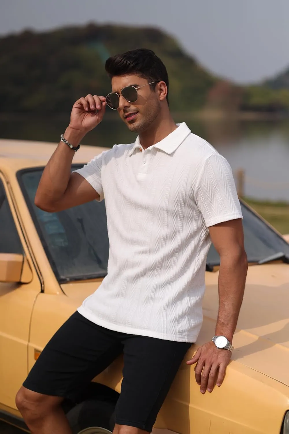 Mens Knit Polo Shirts Short Sleeve Summer Textured T Shirts Casual Jacquard Golf Collared Fashion Tops