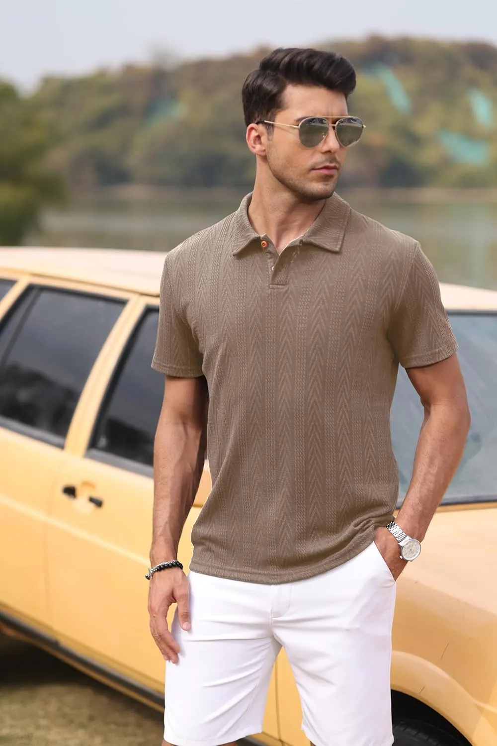 Mens Knit Polo Shirts Short Sleeve Summer Textured T Shirts Casual Jacquard Golf Collared Fashion Tops
