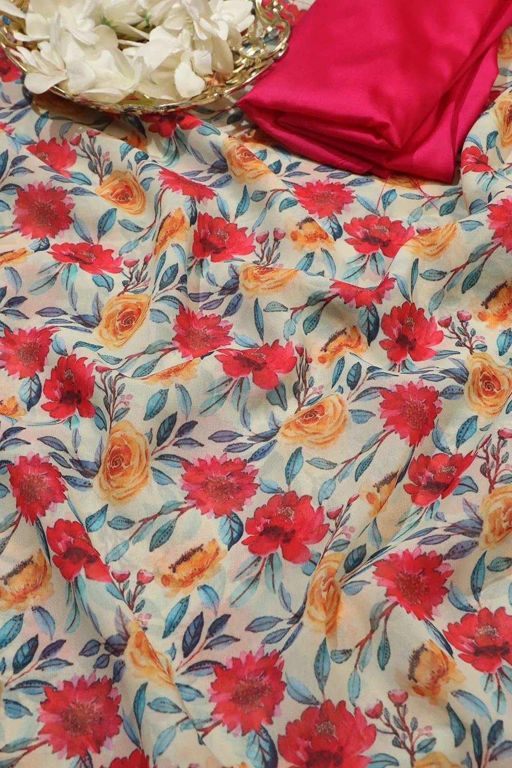 Off White Georgette Floral Saree with Silk Blouse