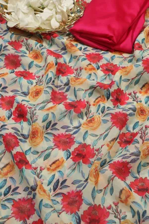 Off White Georgette Floral Saree with Silk Blouse