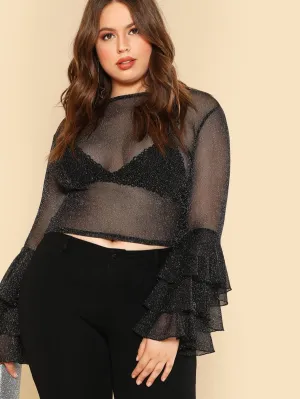 Plus Size Women sheer ruffle sleeve blouse