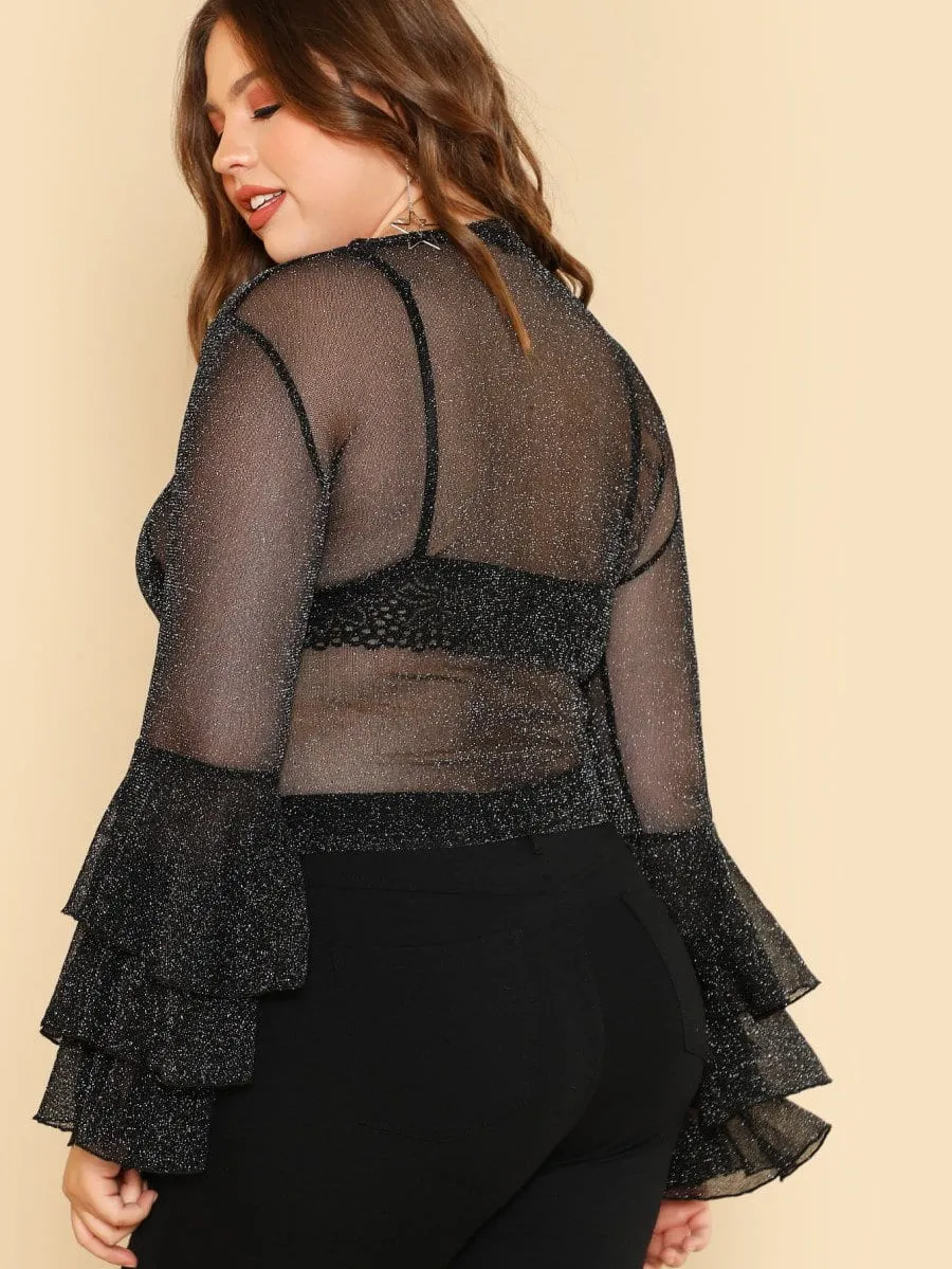 Plus Size Women sheer ruffle sleeve blouse
